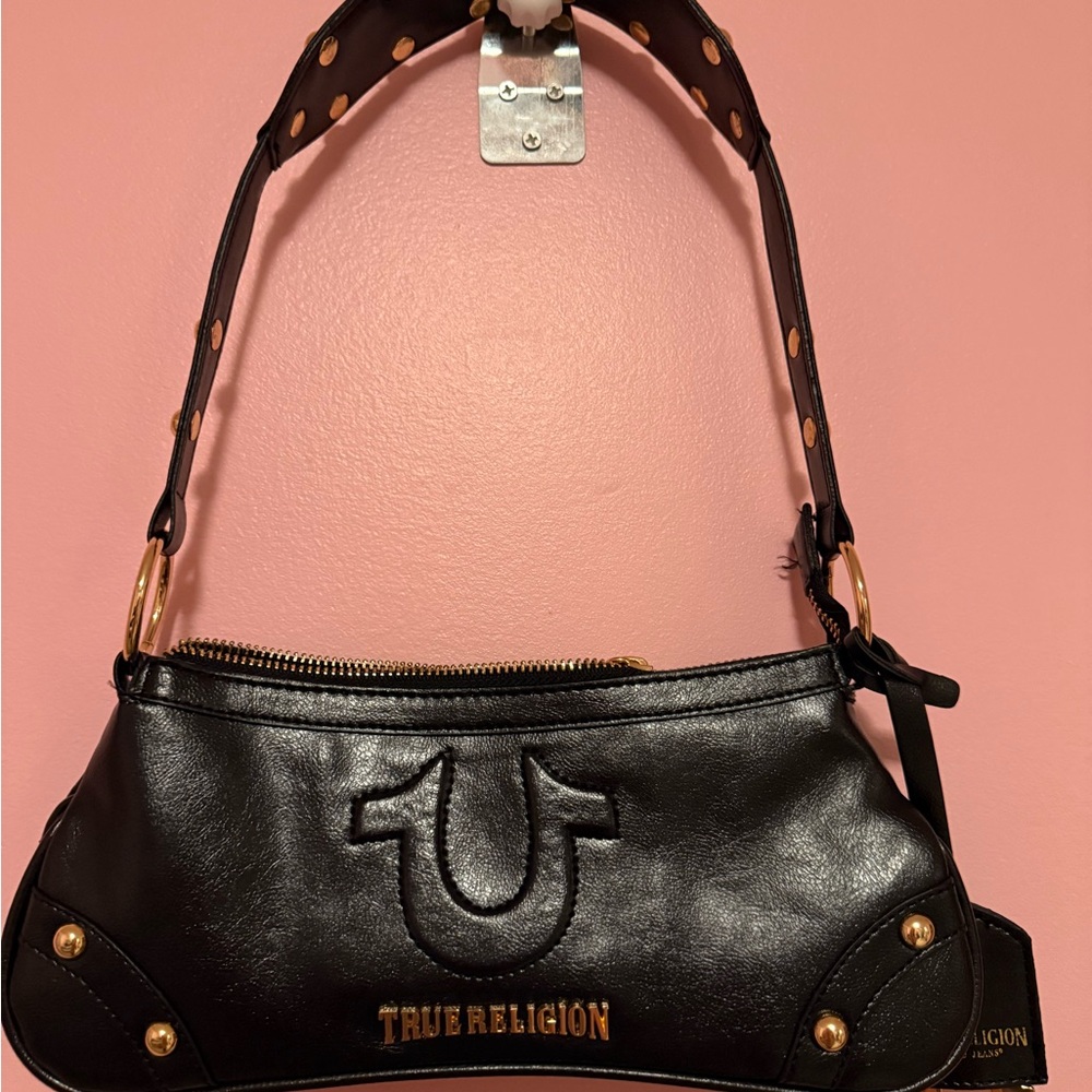 True Religion Black and Gold Shoulder Bag